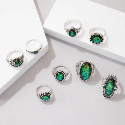 Green Geometric Opal Stone Finger Ring Set (8 pcs)